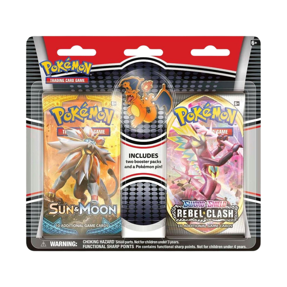 Pokemon TCG Two Pack Blister Charizard Pin Set with 2 Booster Packs and Collector’s Pin